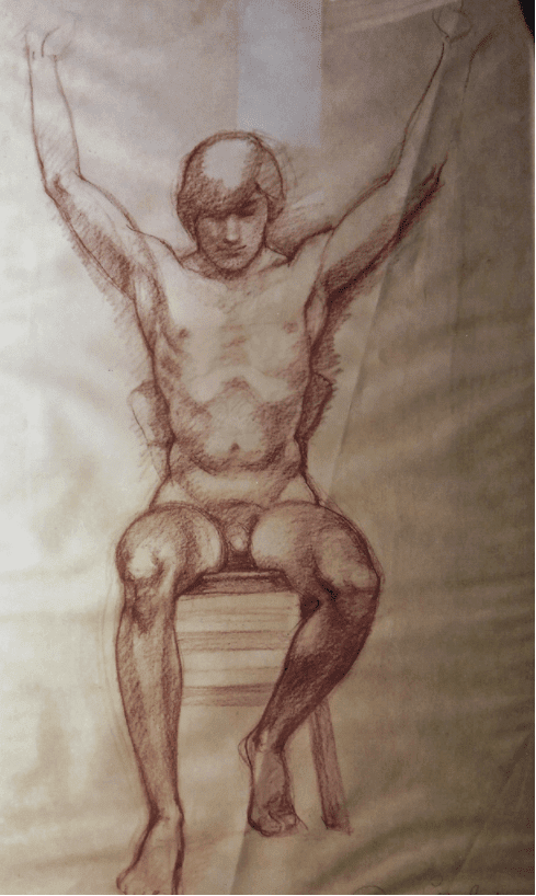 Nude Man Sitting, Frontal, Both Arms Raised
