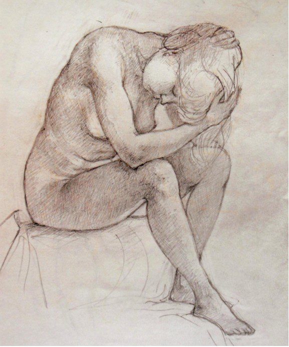 Nude Woman, Sitting With Hand in Hair