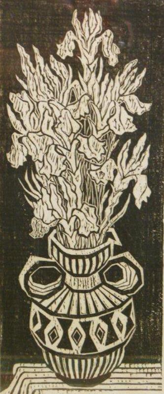 Iris in a Vase (Woodcut) Size: 13 x 6