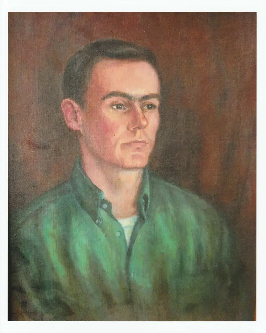 A portrait painting of bill in a green shirt